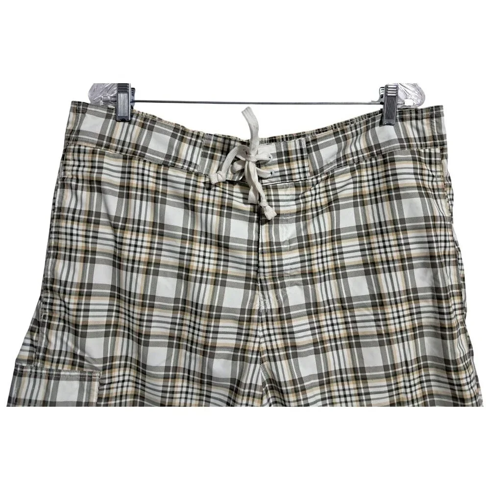 Chaps Plaid Swim Trunks Mens XL Beige White Polyester Mesh‎ Lined Drawstring